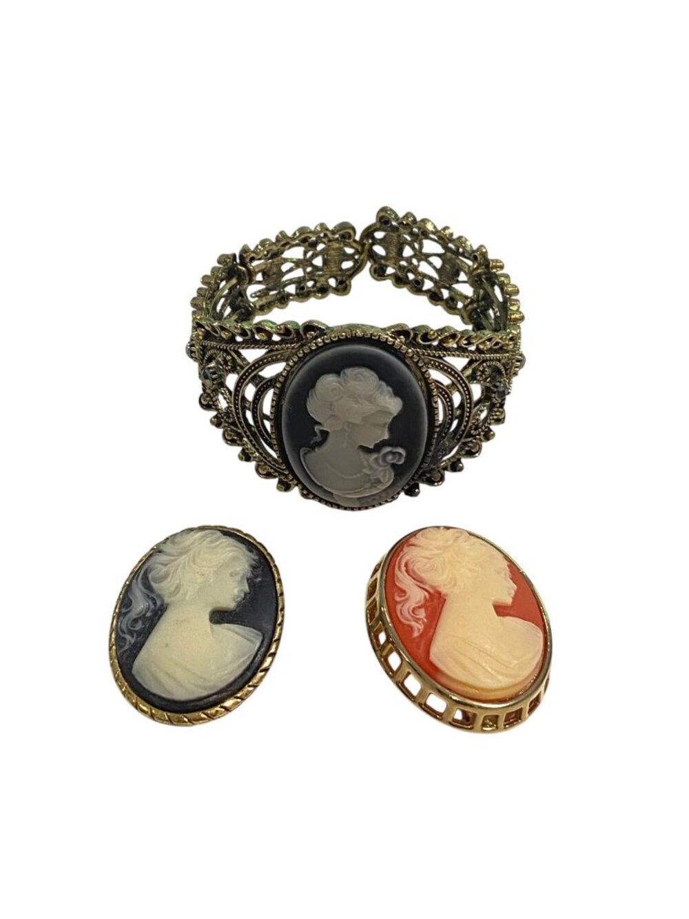 Victorian Style Cameo Bracelet & Brooches bundle + Intricate Gold-Tone Filigree